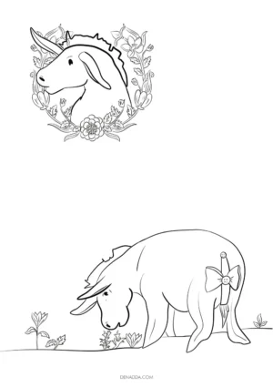 Coloriage Bourriquet entouré de fleurs. Dessin Denadda