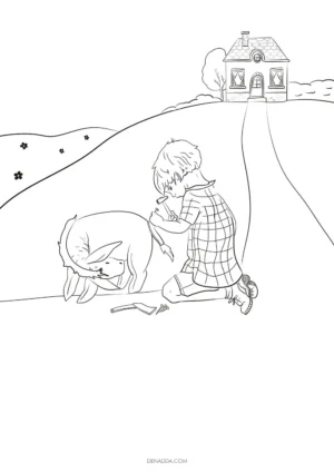Coloriage Jean-Christophe réparant la queue de Bourriquet. Dessin Denadda