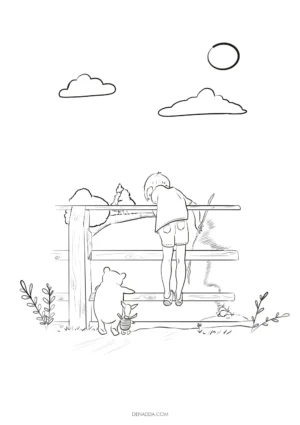 Coloriage Jean-Christophe, Winnie et Porcinet devant une clôture en bois près de la Forêt des Rêves Bleus. Dessin Denadda