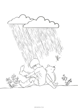 Coloriage Jean-Christophe et Winnie sous la pluie. Dessin Denadda