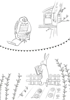 Coloriage Maître Hibou écrivant devant sa maison et Coco Lapin prépare la récolte de son jardin. Dessin Denadda