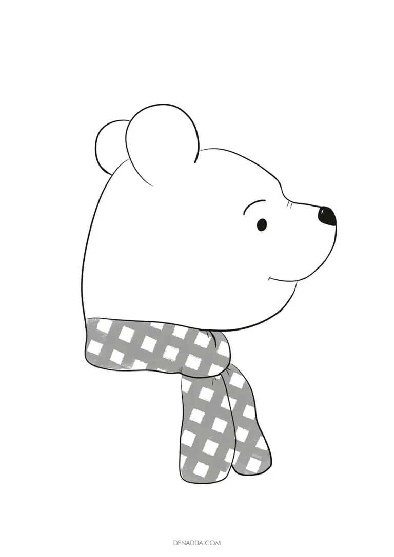 Coloriage portrait Winnie l'Ourson portant une écharpe. Dessin Denadda