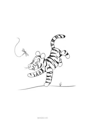 Coloriage Tigrou bondissant et jouant à attraper une libellule. Dessin Denadda