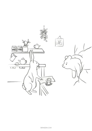 Coloriage Winnie coincé dans l'entrée de la maison de Coco Lapin. Dessin Denadda
