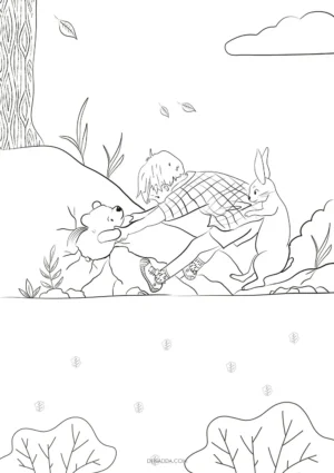 Coloriage Winnie coincé avec Jean-Christophe et Coco Lapin essayant de l’aider. Dessin Denadda