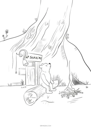 Coloriage Winnie l'Ourson assis près d'un feu de camp devant sa maison. Dessin Denadda