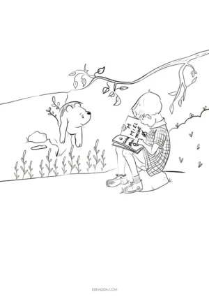 Coloriage Jean-Christophe lisant une histoire sur le miel à Winnie l'Ourson qui écoute. Dessin Denadda