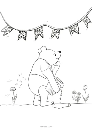 Coloriage Winnie l'Ourson avec un pot de miel et une guirlande festive. Dessin Denadda