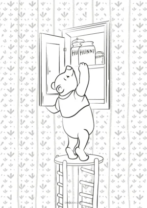 Coloriage Winnie l'Ourson attrapant un pot de miel. Dessin Denadda