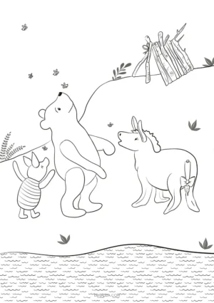 Coloriage Winnie, Porcinet et Bourriquet devant la maison de Bourriquet regardant des abeilles. Dessin Denadda