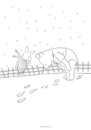 Coloriage Winnie et Porcinet observant des empreintes dans la neige. Dessin Denadda