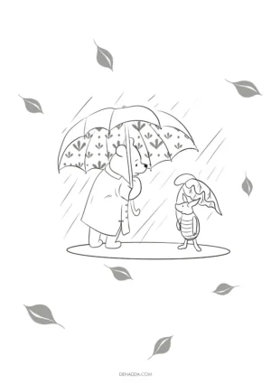 Coloriage Winnie l'Ourson et Porcinet sous leurs parapluies. Dessin Denadda