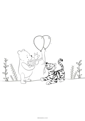 Coloriage Winnie, Porcinet et Tigrou jouant avec des ballons. Dessin Denadda
