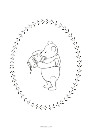 Coloriage Winnie l'Ourson versant du miel d'un pot. Dessin Denadda