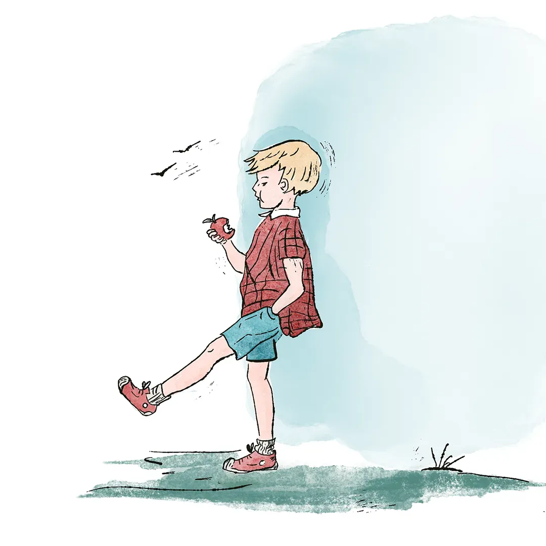 Jean-Christophe, personnage Winnie l'Ourson. Illustration d'un petit garçon qui croque une pomme en se baladant dans la forêt des rêves bleus. Denadda