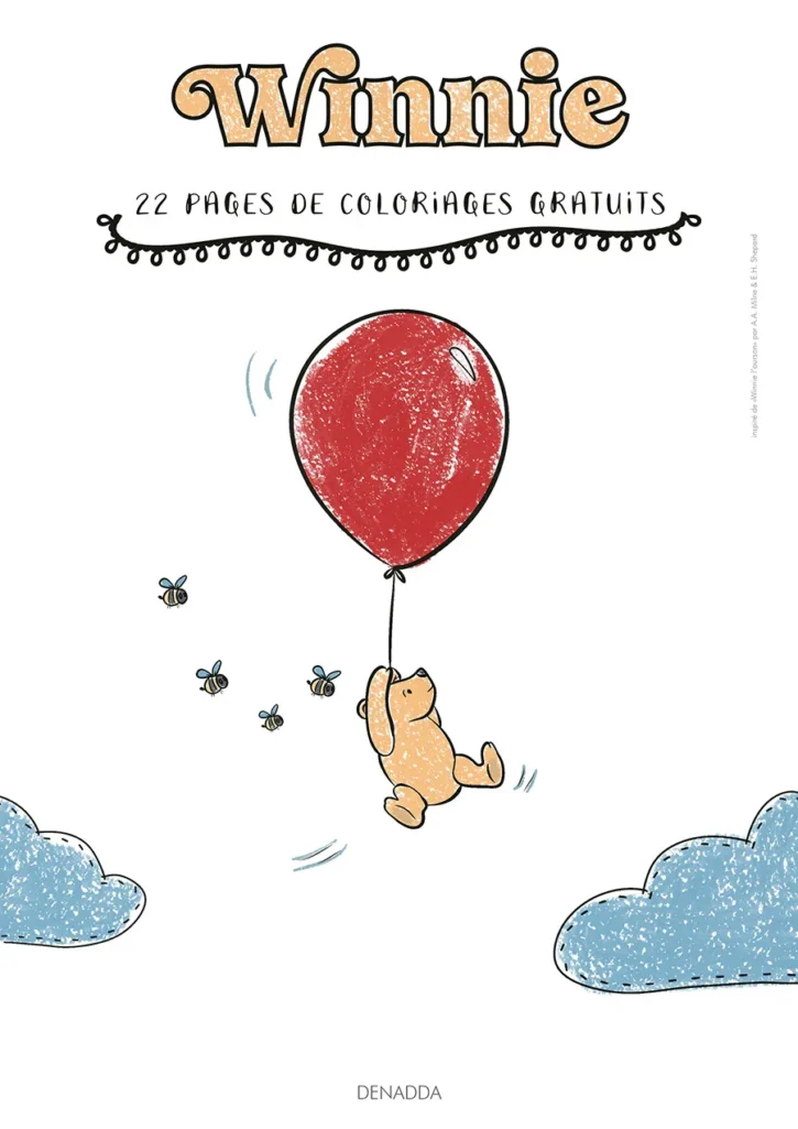 Couverture du livret de coloriage Winnie l'ourson avec 22 pages gratuites à imprimer. Illustration de Denadda