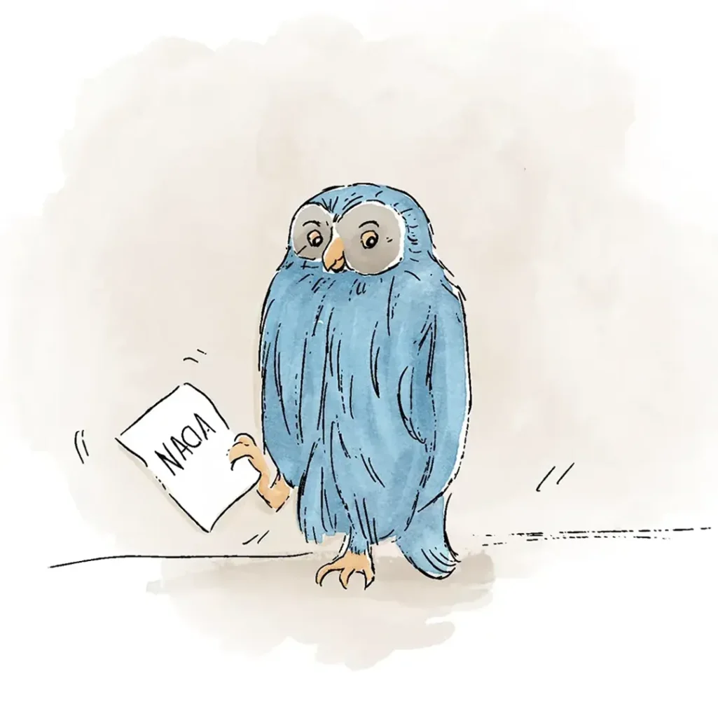 Maître Hibou, personnage Winnie l'Ourson. Illustration d'un hibou qui tiens une lettre dans sa patte. Denadda
