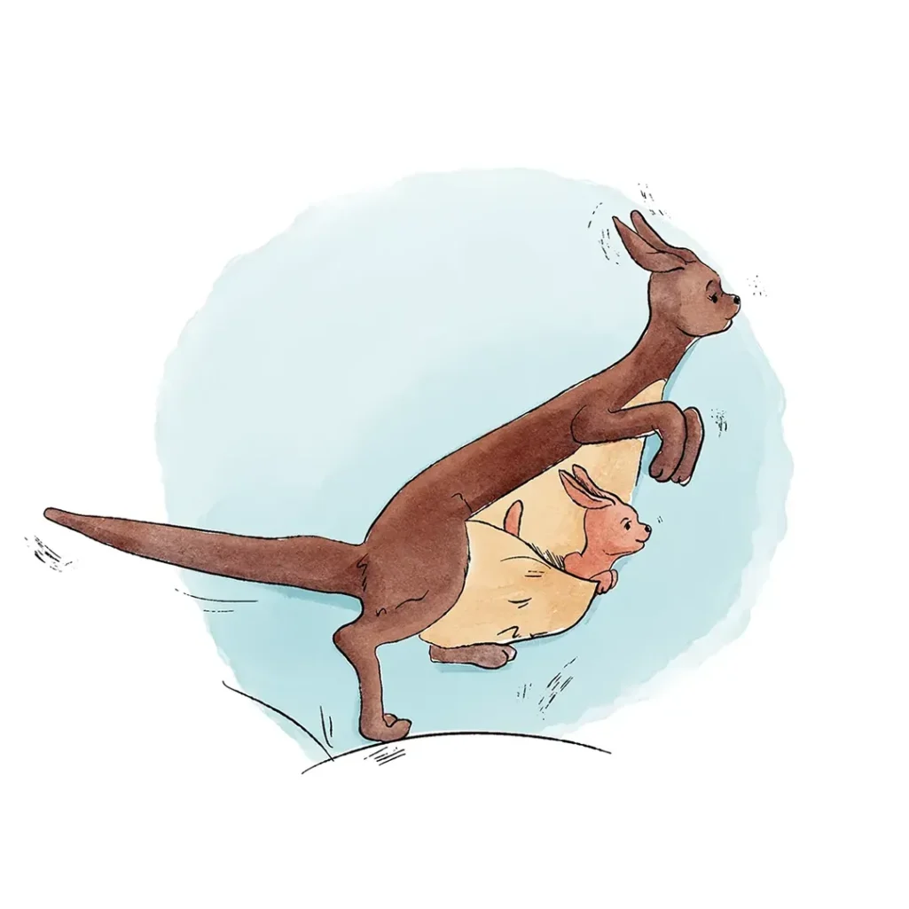 Maman Gourou et Petit Gourou, personnages de Winnie l'Ourson. Illustration d'une maman kangourou qui porte dans sa poche son petit kangourou. Denadda