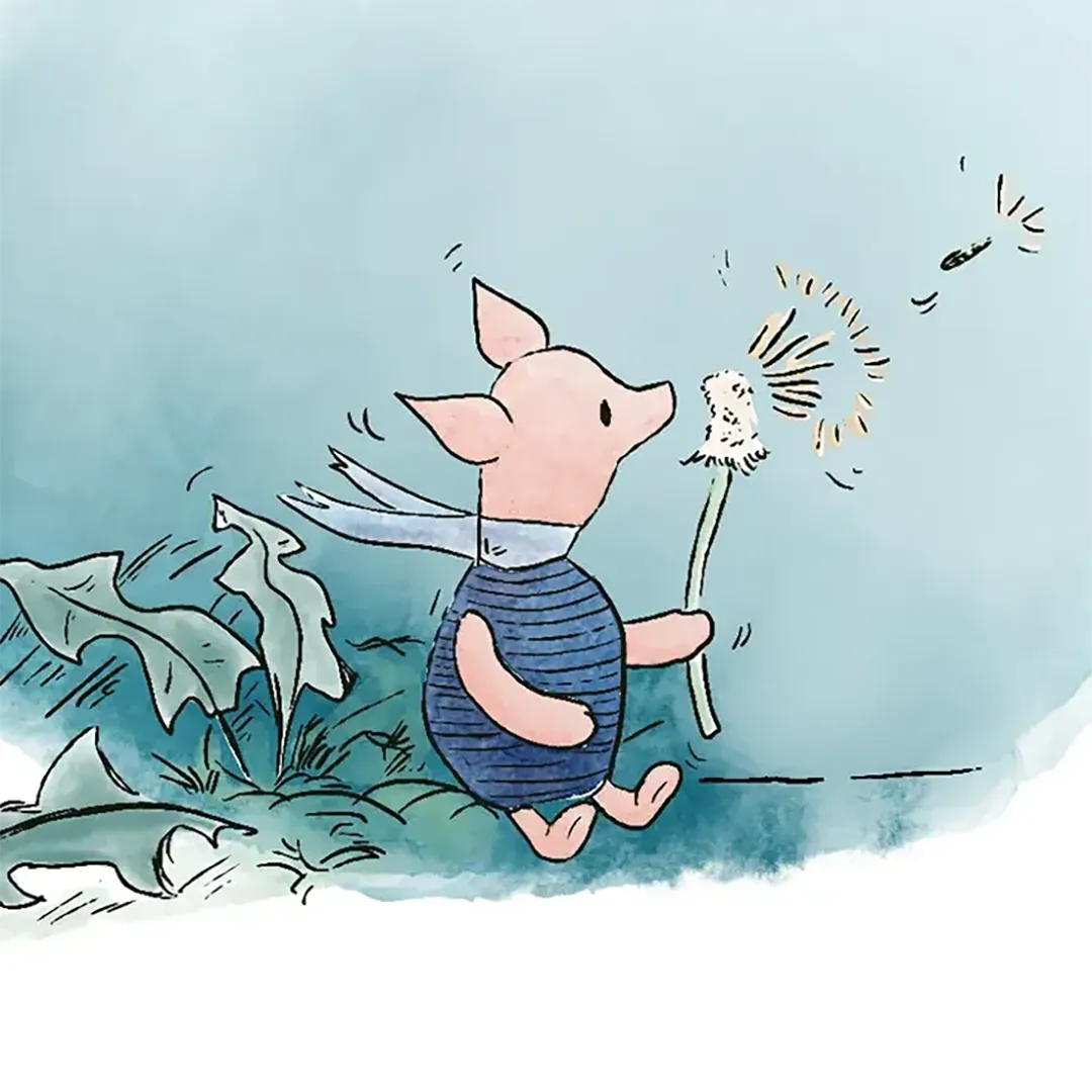 Porcinet, personnage Winnie l'Ourson. Illustration d'un cochon qui souffle un pissenlit. Denadda
