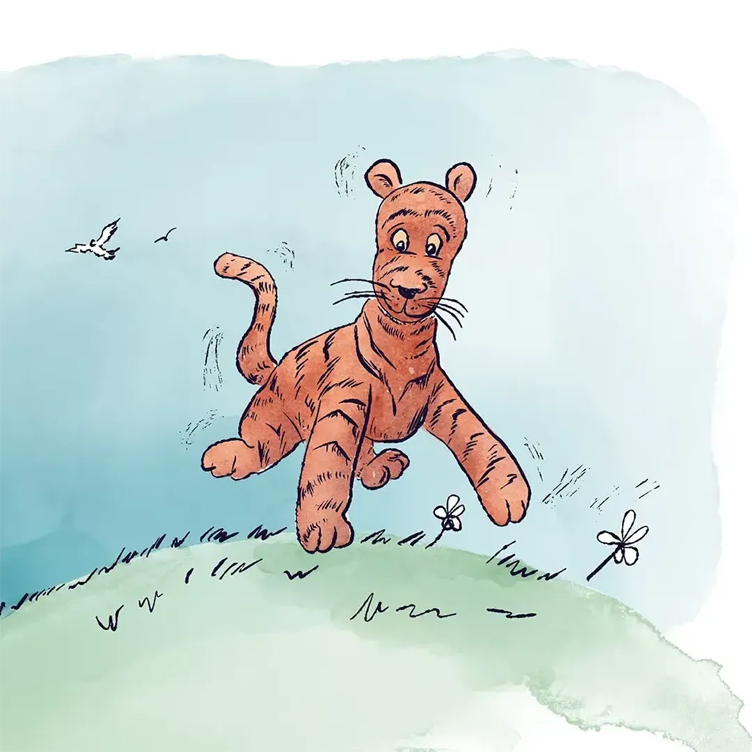 Tigrou, personnage Winnie l'Ourson. Illustration d'un tigre qui bondit dans la forêt des rêves bleus. Denadda