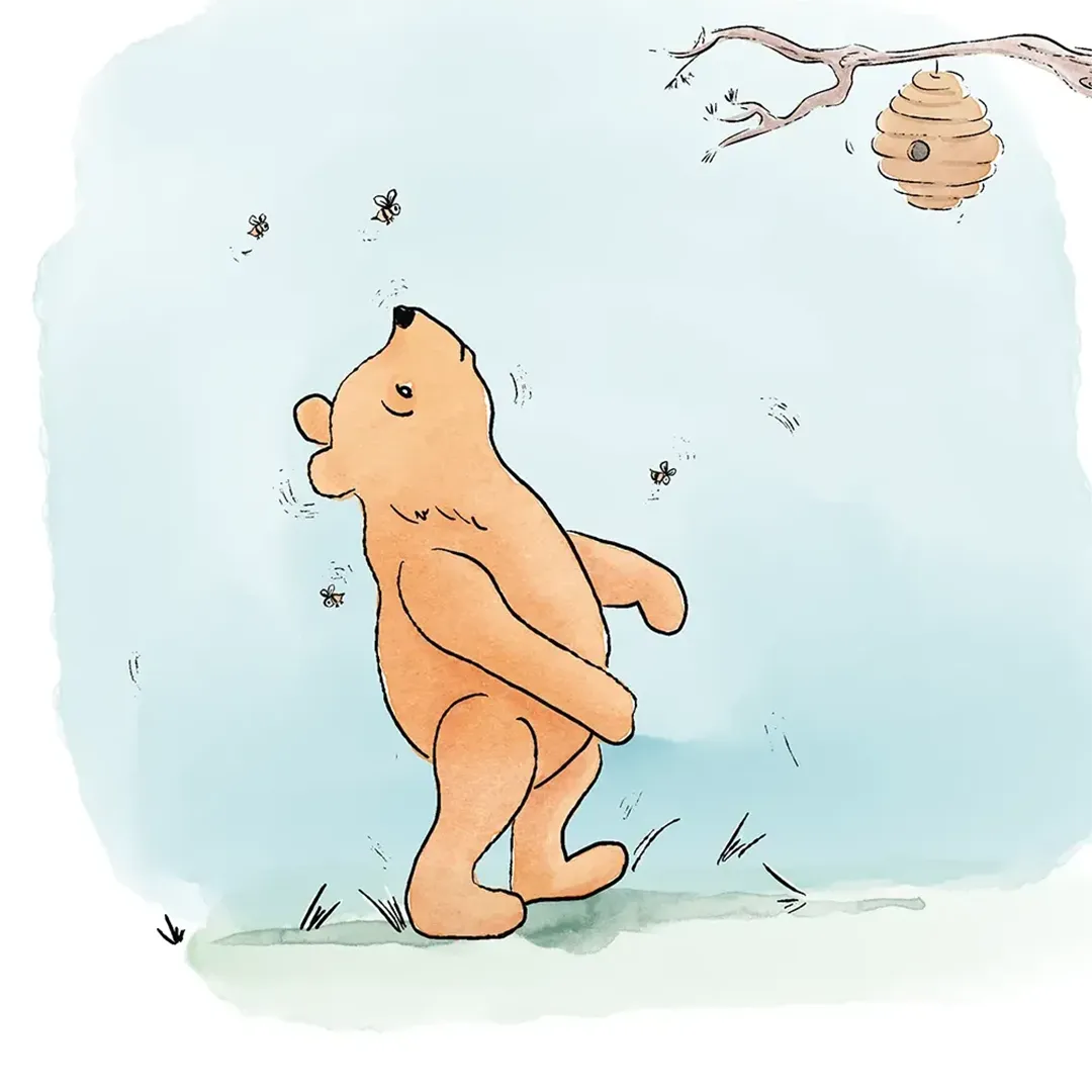 Winnie, personnage Winnie l'Ourson. Illustration d'un ours qui veut attraper du miel malgré les abeilles. Denadda