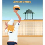 Affiche Anglet beach volley. Une femme blonde joue au beach-volley à coté de la plage Les Sables d'Or au Pays Basque. Illustration de Denadda