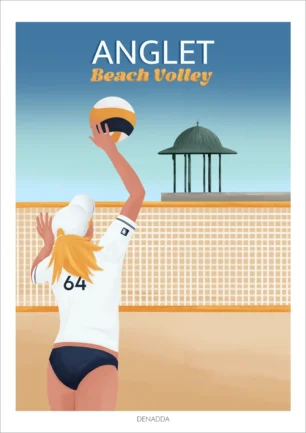 Affiche Anglet beach volley. Une femme blonde joue au beach-volley à coté de la plage Les Sables d'Or au Pays Basque. Illustration de Denadda