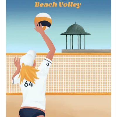 Affiche Anglet beach volley. Une femme blonde joue au beach-volley à coté de la plage Les Sables d'Or au Pays Basque. Illustration de Denadda