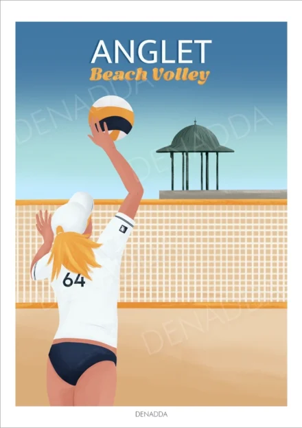 Affiche Anglet beach volley. Une femme blonde joue au beach-volley à coté de la plage Les Sables d'Or au Pays Basque. Illustration de Denadda