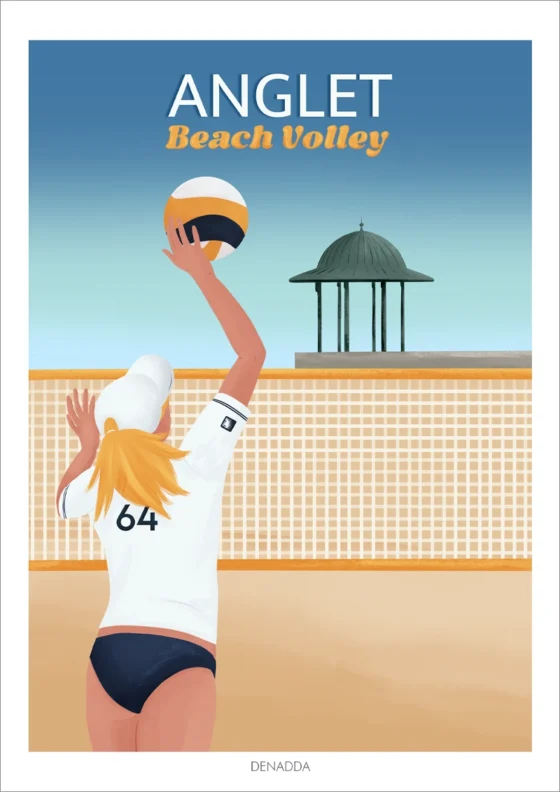 Affiche Anglet beach volley. Une femme blonde joue au beach-volley à coté de la plage Les Sables d'Or au Pays Basque. Illustration de Denadda