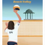 Affiche Anglet beach volley. Une femme brune joue au beach-volley à coté de la plage Les Sables d'Or au Pays Basque. Illustration de Denadda