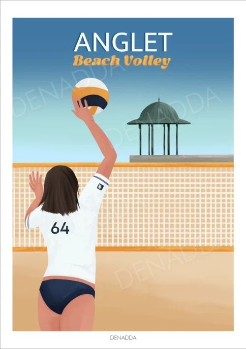 Affiche Anglet - Beach Volley Affiche Anglet beach volley. Une femme brune joue au beach-volley à coté de la plage Les Sables d'Or au Pays Basque. Illustration de Denadda