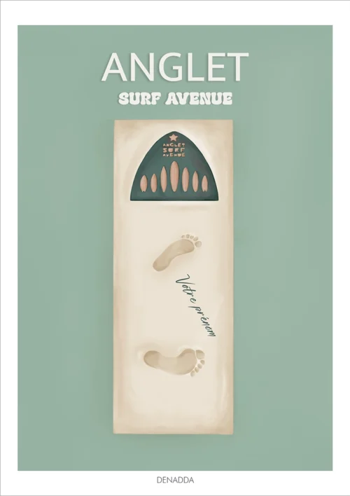 Affiche Anglet Surf Avenue personnalisée avec un prénom et une couleur. Denadda