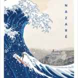 Affiche Nazaré au Portugal avec la grande vague de Hokusai et un surfer. Denadda