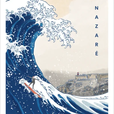 Affiche Nazaré au Portugal avec la grande vague de Hokusai et un surfer. Denadda