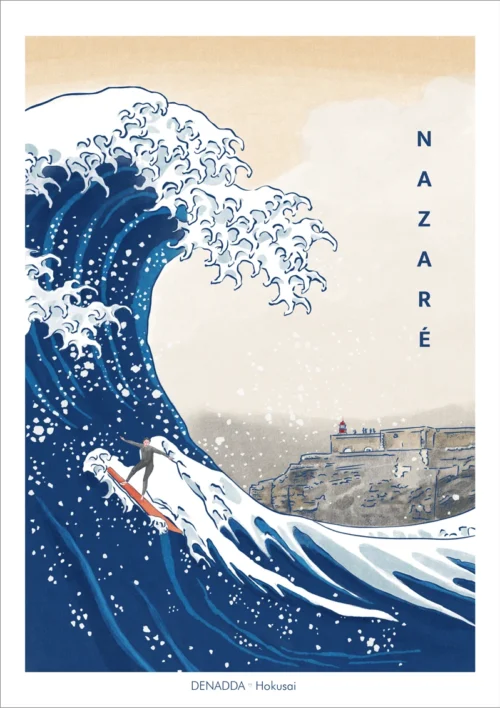 Affiche Nazaré au Portugal avec la grande vague de Hokusai et un surfer. Denadda