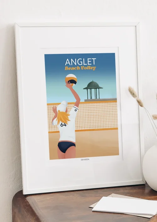 Cadre Anglet - Beach Volley Cadre a4 Anglet beach volley. Une femme blonde joue au beach-volley à coté de la plage Les Sables d'Or au Pays Basque. Illustration de Denadda