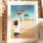 Cadre Anglet beach volley. Une femme brune joue au beach-volley à coté de la plage Les Sables d'Or au Pays Basque. Illustration de Denadda