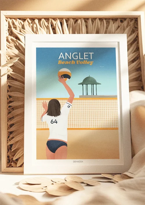 Cadre Anglet - Beach Volley Cadre Anglet beach volley. Une femme brune joue au beach-volley à coté de la plage Les Sables d'Or au Pays Basque. Illustration de Denadda