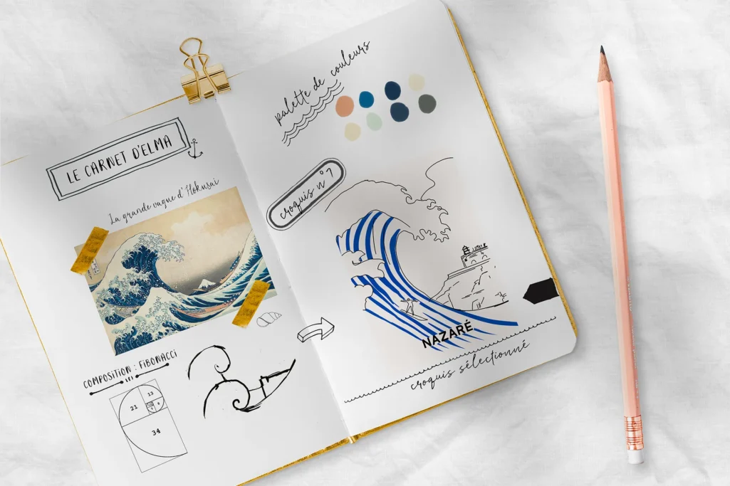 Carnet de dessin sur la vague d'Hokusai et Nazaré Carnet de dessin sur la géante vague d'Hokushai et de Nazaré au Portugal. Composition de Fibonacci, palette de couleurs et croquis. Denadda