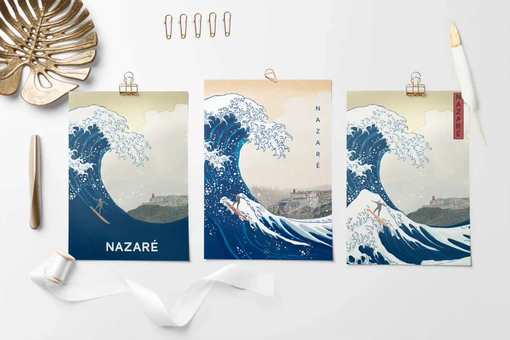 Évolution de l'affiche Nazaré illustrée avec la grande vague d'Hokusai Évolution de l'affiche Nazaré illustrée avec la grande vague d'Hokusai. Denadda