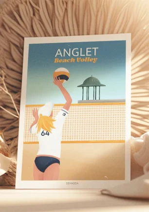 Poster Anglet beach volley. Une femme blonde joue au beach-volley à coté de la plage Les Sables d'Or au Pays Basque. Illustration de Denadda