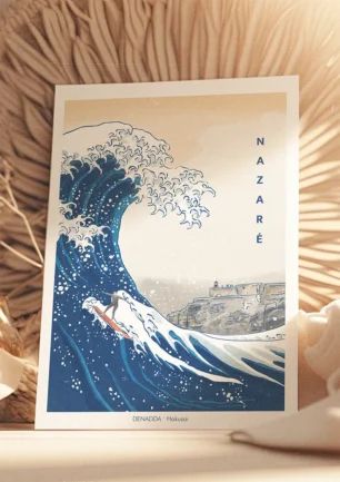 Poster Hokusai réalisé au Portugal avec la grande vague de Nazaré. Denadda