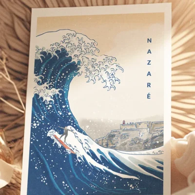 Poster Nazaré au Portugal avec la grande vague Hokusai et un surfer. Denadda