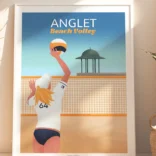 Tableau Anglet beach volley. Une femme blonde joue au beach-volley à coté de la plage Les Sables d'Or au Pays Basque. Illustration de Denadda