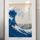 Tableau Nazaré au Portugal avec la grande vague Hokusai et un surfer. Denadda