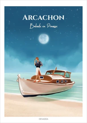 Affiche Arcachon balade en pinasse, une illustration poétique dessinée par Denadda