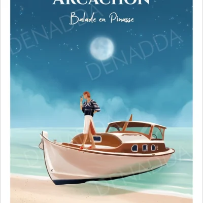 Affiche Arcachon balade en pinasse, une illustration poétique dessinée par Denadda