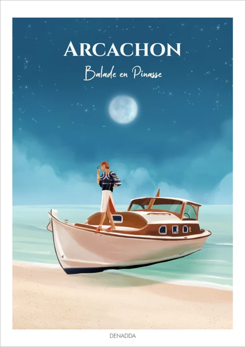 Affiche Arcachon balade en pinasse, une illustration poétique dessinée par Denadda