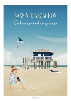 Affiche Bassin d'Arcachon, les Cabanes Tchanquées. Une illustration de l'île aux oiseaux dessinée par Denadda
